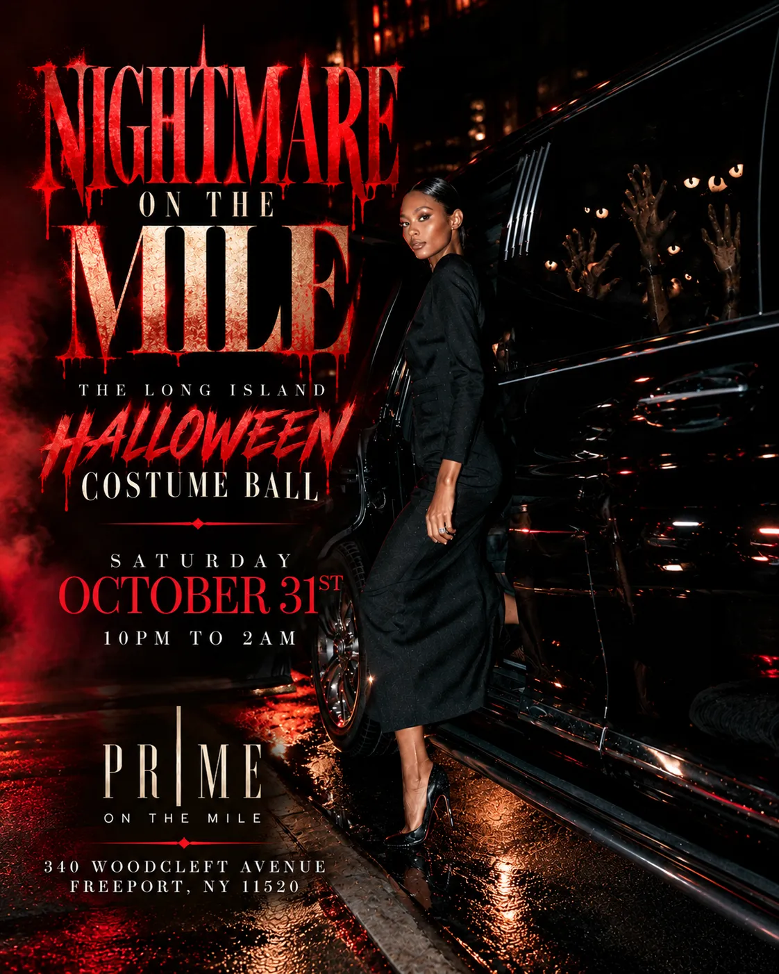 Nightmare on the Mile official flyer — the Long Island Halloween Costume Ball, Saturday October 31, Prime on the Mile Freeport