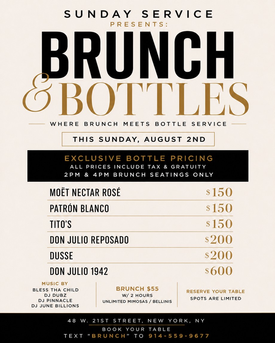Sunday Service Presents: Brunch & Bottles — official flyer, Sunday August 2nd