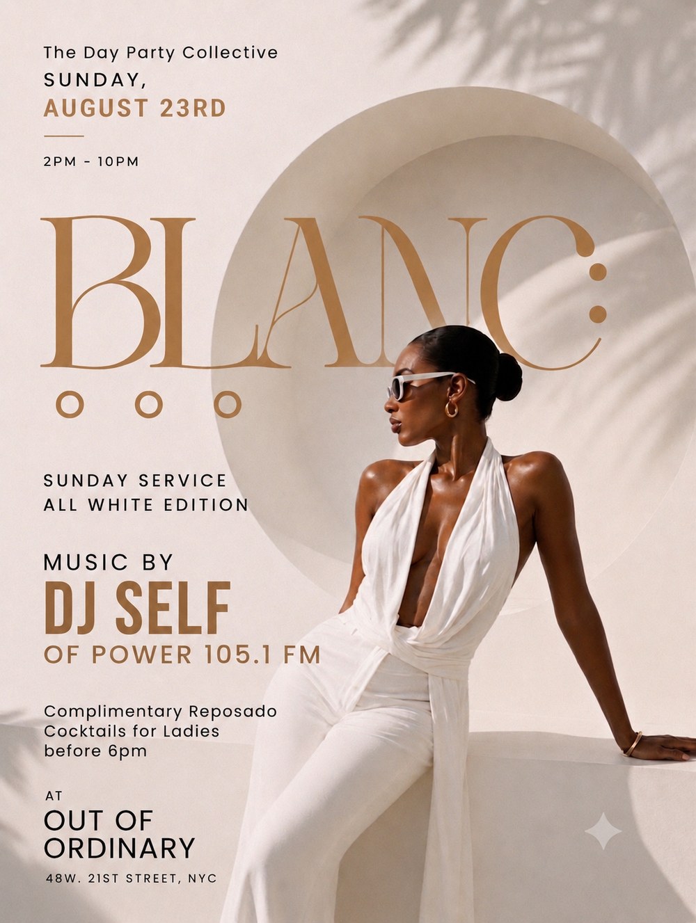 Blanc: OOO Edition — Sunday Service All White flyer, Sunday August 23rd, music by DJ Self