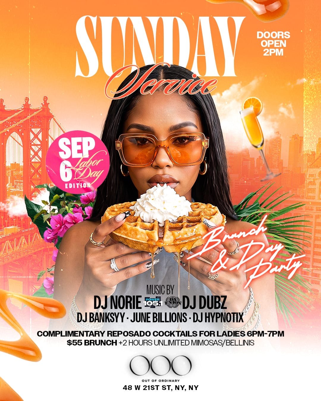 Sunday Service: Labor Day Edition flyer — DJ Norie of Power 105.1, Sunday September 6, Out of Ordinary