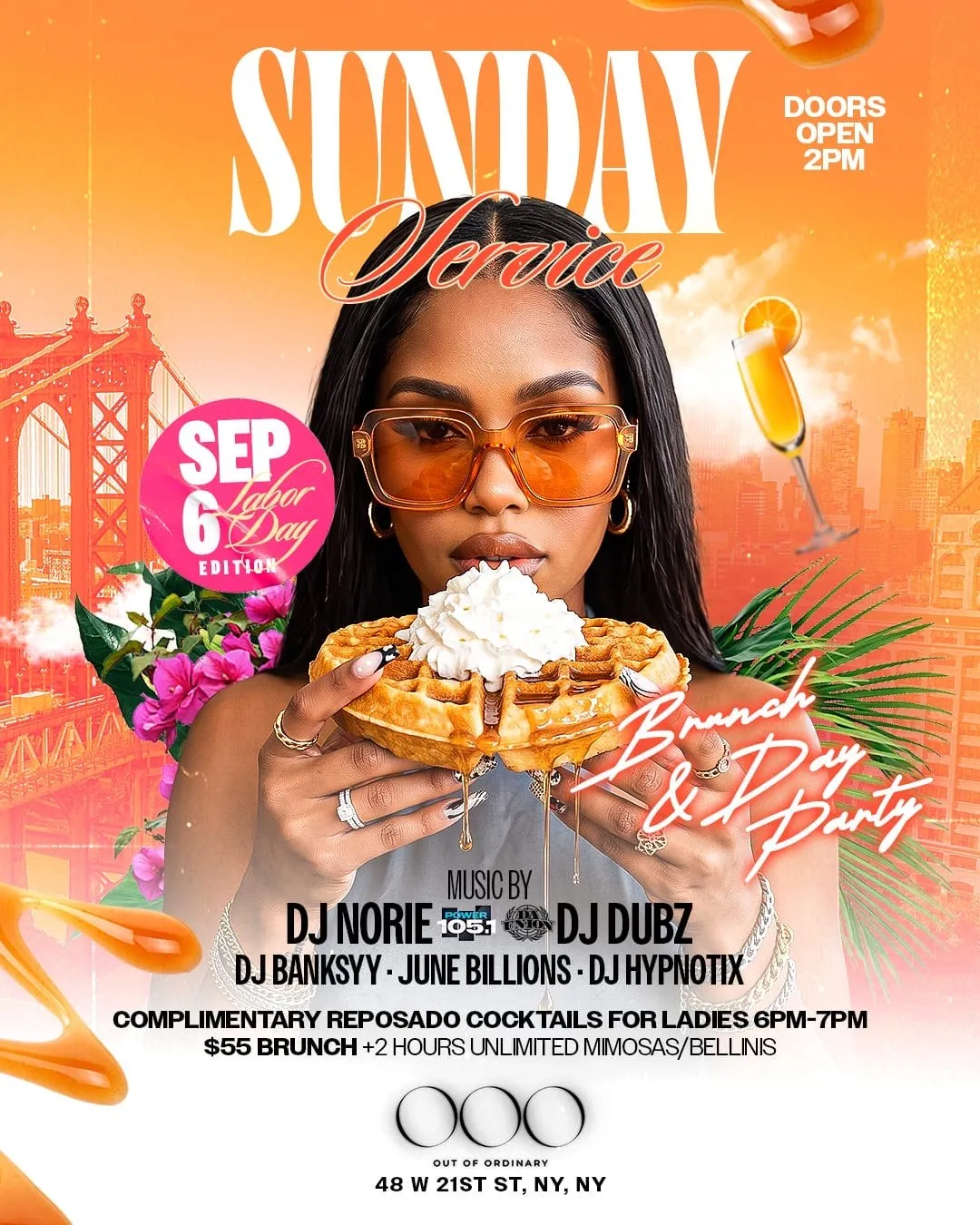 Sunday Service: Labor Day Edition flyer — DJ Norie of Power 105.1, Sunday September 6, Out of Ordinary