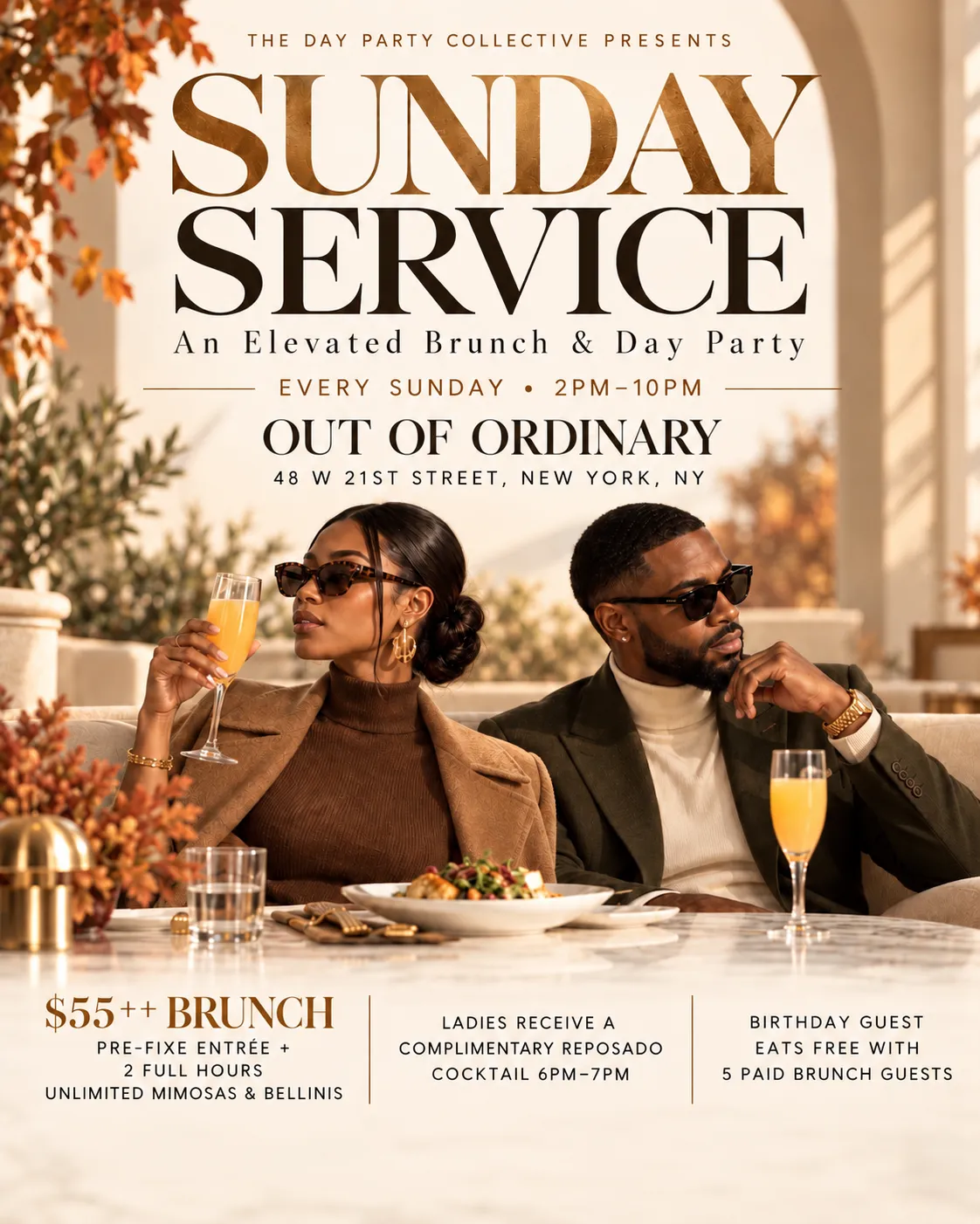 Sunday Service official flyer — an elevated brunch and day party, every Sunday 2–10 PM at Out of Ordinary